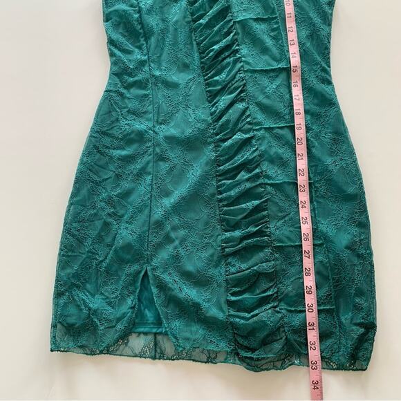 Urban Outfitters Estee Turquoise Ruched Lace Overlay Mini Dress Women's Large - Picture 7 of 11